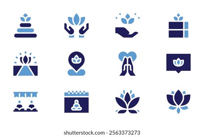 Meditation icon set. Bold style. Duotone colors. hotstones, lotusflower, meditate, meditation, enlightenment, wellness, yogablock, location, chat, lotus.