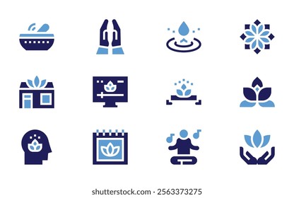 Meditation icon set. Bold style. Duotone colors. drop, yoga, meditation, pray, mandala, calendar, mind, lotusflower, tibetanbowl.