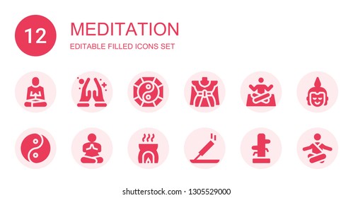 meditation icon set. Collection of 12 filled meditation icons included Meditation, Namaste, Yin yang, Traditional, Yoga, Incense, Wing chun, Buddha