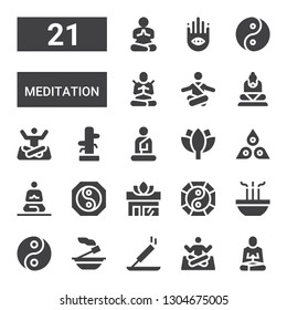 meditation icon set. Collection of 21 filled meditation icons included Meditation, Yoga, Incense, Yin yang, Chakra, Lotus, Buddha, Wing chun, Meditate, Buddhism