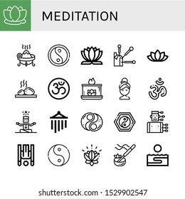 meditation icon set. Collection of Lotus, Incense, Yin yang, Lotus flower, Acupuncture, Lithotherapy, Om, Aromatic candle, Relax, Yoga, Wind chimes, Inversion therapy, Ying yang icons