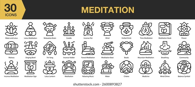 Meditation icon set. Includes balance, meditation, health, relaxation, wellness, and More. Outline icons vector collection.