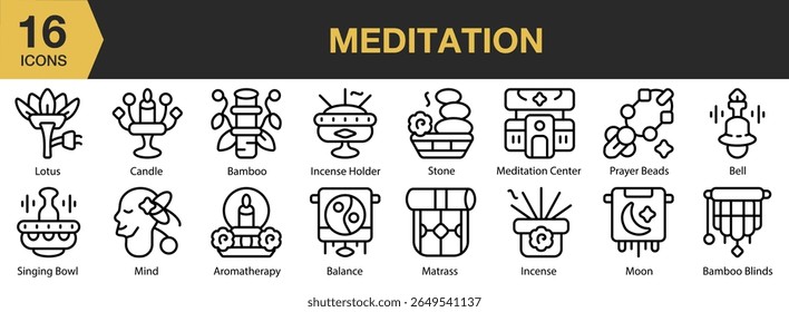 Conjunto de ícones de meditação. Inclui meditação, equilíbrio, relaxamento, bem-estar, ioga e muito mais. Contornar coleção de vetores de ícones.