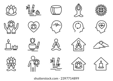 conjunto de iconos de meditación. flor de loto, yoga, meditación, mandala, jardín zen, mental, etc. diseño de línea de iconos. diseño de vector simple editable