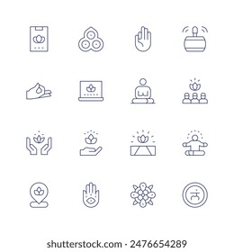 Meditation icon set. Thin line icon. Editable stroke. Containing app, buddhism, calm, enlightenment, hamsa, hand, laptop, location, lotusflower, mandala, meditation.