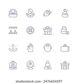 Meditation icon set. Thin line icon. Editable stroke. Containing drop, internationaldayofyoga, lotus, mandala, meditation, mudra, thirdeye, yoga, yogablock, zen.