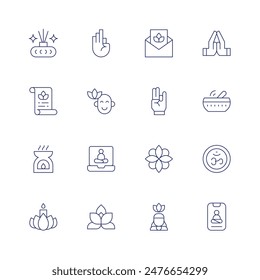 Meditation icon set. Thin line icon. Editable stroke. Containing aroma, calm, certificate, hand, incense, invitation, laptop, mandala, meditation.