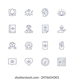 Meditation icon set. Thin line icon. Editable stroke. Containing book, internationaldayofyoga, lotus, meditation, meditationsounds, poster, yinyang.