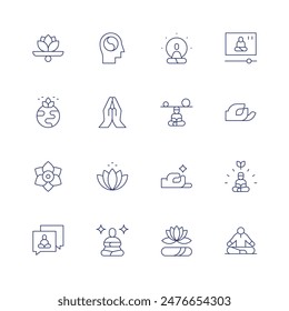 Meditation icon set. Thin line icon. Editable stroke. Containing balance, internationaldayofyoga, lotus, meditation, mindfulness, om, spiritualgrowth, virtualclass.