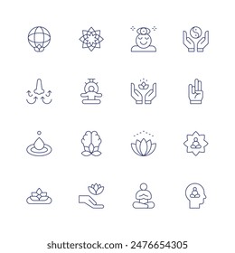 Meditation icon set. Thin line icon. Editable stroke. Containing breathing, internationaldayofyoga, mandala, meditation, surya, thirdeye, yinyang, yoga.
