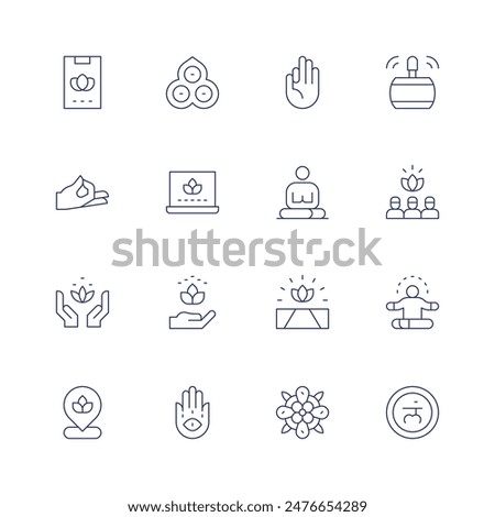 Meditation icon set. Thin line icon. Editable stroke. Containing app, buddhism, calm, enlightenment, hamsa, hand, laptop, location, lotusflower, mandala, meditation.