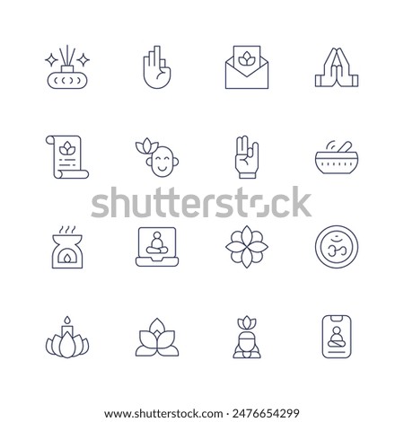 Meditation icon set. Thin line icon. Editable stroke. Containing aroma, calm, certificate, hand, incense, invitation, laptop, mandala, meditation.