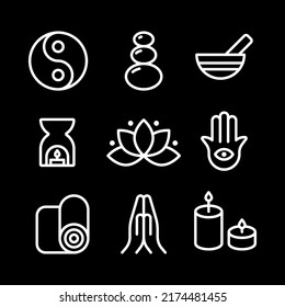 Meditation icon set. White outline symbols. Concept of zen, calm, yoga and spirituality. Vector illustration, flat design