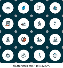 Meditation icons colored line set with hinduism, drop, yin yang and other   elements. Isolated vector illustration meditation icons.