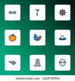 Meditation icons colored line set with yoga pose, dumbbell, water drop and other fruit elements. Isolated vector illustration meditation icons.
