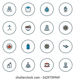 Meditation icons colored line set with drop, healthy food, relaxation and other mortar elements. Isolated vector illustration meditation icons.