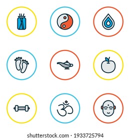 Meditation icons colored line set with feet, hinduism, lamp and other tao elements. Isolated vector illustration meditation icons.