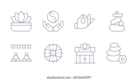 Meditation icons. Editable stroke. Containing internationaldayofyoga, lotus, mandala, meditation, mudra, yoga, zen.