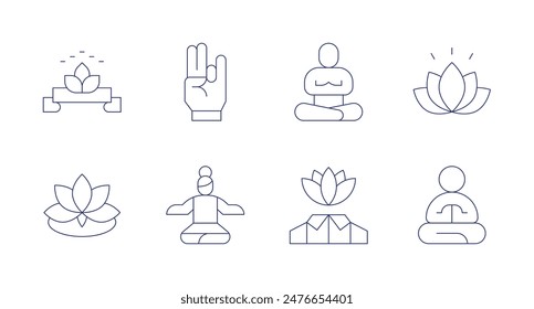 Meditation icons. Editable stroke. Containing internationaldayofyoga, lotus, lotusposition, meditation, spiritual, yoga.