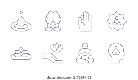 Iconos de meditación. Trazo editable. Conteniendo gota, loto, meditación, equilibrio mental, mudra, bienestar físico, postura, yoga.