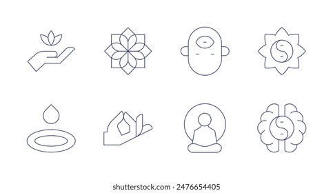 Meditation icons. Editable stroke. Containing drop, lotus, mandala, meditation, stressmanagement, thirdeye, yinyang, yoga.