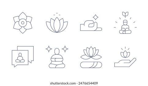 Iconos de meditación. Trazo editable. Conteniendo chat, loto, meditación, meditación, atención plena, crecimiento espiritual.