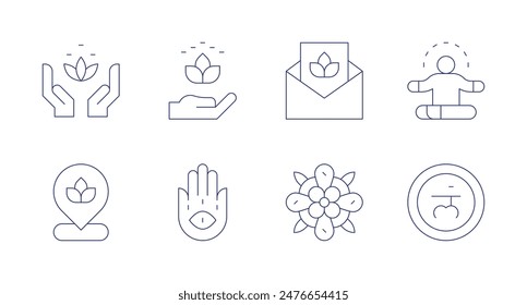 Meditation icons. Editable stroke. Containing calm, hamsa, invitation, location, lotusflower, mandala, muladhara, yoga.