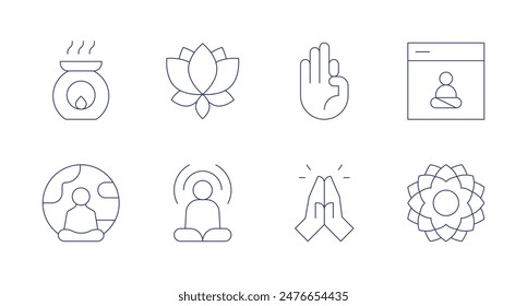 Iconos de meditación. Trazo editable. Contiene aromaterapia, día internacional de yoga, flor de loto, meditar, meditación, sahasrara, yoga.