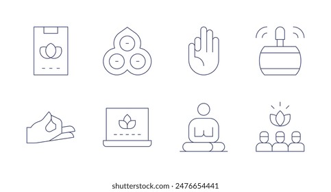 Meditationssymbole. Bearbeitbarer Strich. Enthält App, Buddhismus, Hand, Laptop, Meditation, Retreat, Tibetanbowl.