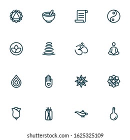 Meditation icons line style set with yin yang, meditation, oil bottle and other zen elements. Isolated vector illustration meditation icons.