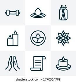 Meditation icons line style set with lotus, candle, floral lily elements. Isolated vector illustration meditation icons.
