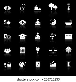 Meditation icons with reflect on black background, stock vector