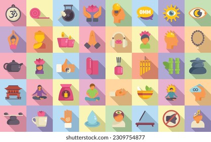 Meditation icons set flat vector. Happy spiritual. Nature zen