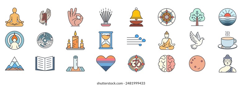 meditation icons set, Included icons as Lotus Pose, Candle, Labyrinth, Hourglass and more symbols collection, logo isolated vector illustration