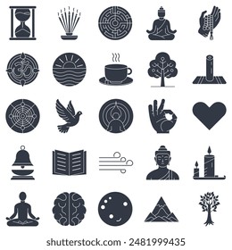 meditation icons set, Included icons as Lotus Pose, Candle, Labyrinth, Hourglass and more symbols collection, logo isolated vector illustration