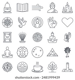 meditation icons set, Included icons as Lotus Pose, Candle, Labyrinth, Hourglass and more symbols collection, logo isolated vector illustration
