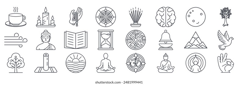 meditation icons set, Included icons as Lotus Pose, Candle, Labyrinth, Hourglass and more symbols collection, logo isolated vector illustration