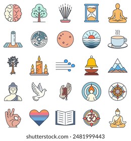 meditation icons set, Included icons as Lotus Pose, Candle, Labyrinth, Hourglass and more symbols collection, logo isolated vector illustration