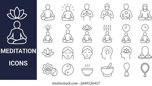 Ícones de meditação definidos com flor de lótus e símbolos yin yang