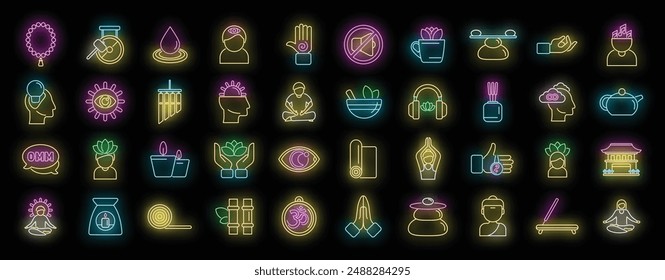 Meditation icons set outline vector. Happy spiritual. Nature zen neon color on black
