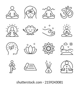 Symbole für Meditation eingestellt. Präventionen für Meditation, eine Technik für emotionale und mentale Entspannung, lineare Icon-Sammlung. Linie mit bearbeitbarem Hub