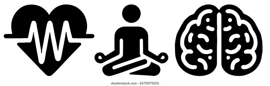 Iconos de meditación: Yoga, latido cardíaco, cerebro - Perfecto para temas de bienestar y atención plena - Ilustración vectorial plana