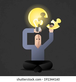 Meditation of Idea Finder. Cartoon man in lotus position, holding lightbulb as metaphoric symbol of new ideas.