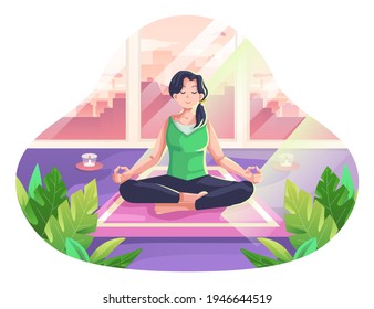 Meditation Illustration, Women doing Meditating to Calm her Mind and Emotion. This illustration can be used for website, landing page, web, app, and banner.