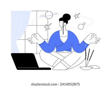 Ilustraciones de vectores de dibujos animados aislados de meditación. Niñas jóvenes meditando y viendo tutoría en línea con laptop, educación a distancia, estado de atención, manejo de estrés de caricatura vectorial.