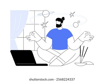 Meditation isolated cartoon vector illustrations. Man meditating in front of laptop, lotus pose, leisure time, home routine, daily chores, relaxing and recharging day vector cartoon.