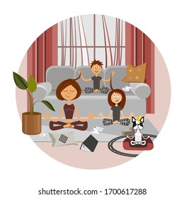 Meditation in isolation with children, mom, children and a dog meditate together in a living room in delicate pink and gold colors sofa, flower, curtains, pillows