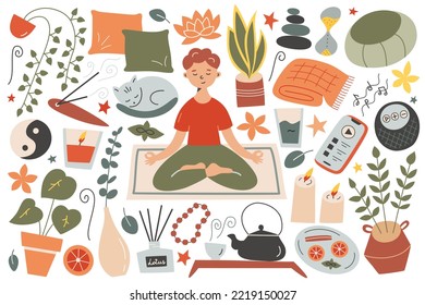 Meditation items collection, boy meditating in lotus pose, vector doodle illustrations of candles, pillows, plants, mindfulness practice set, isolated colored clipart on white background