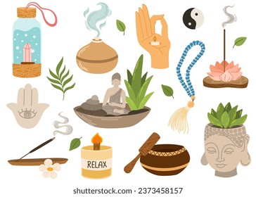 Meditation Items. Singing bowl, beads, incense burner, essential oil diffuser, essential oils, candle, stones. Vector illustration for design, clipart.