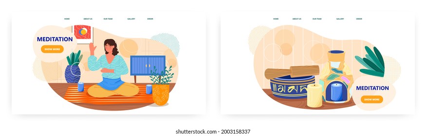 Meditation landing page design, website banner vector template set. Woman meditating sitting in yoga position.